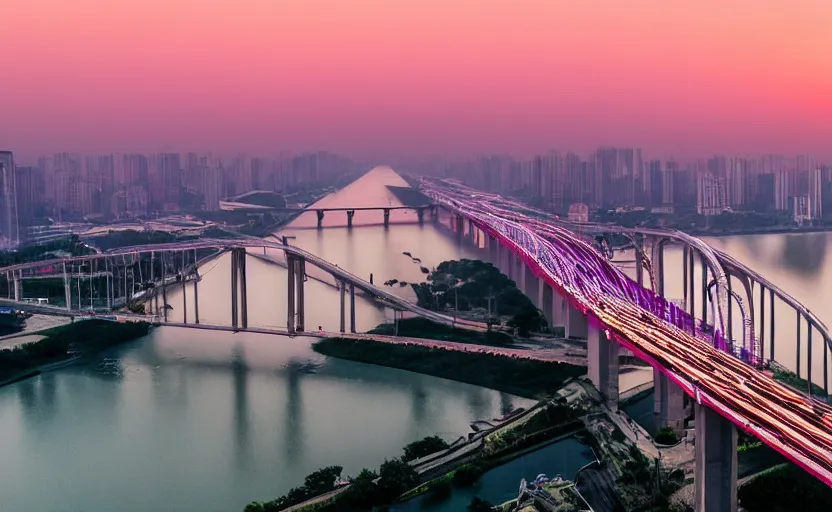 Prompt: a photo of wuhan yangtze river bridge, sunset, purple sky, cinematic, 8 k, highly - detailed