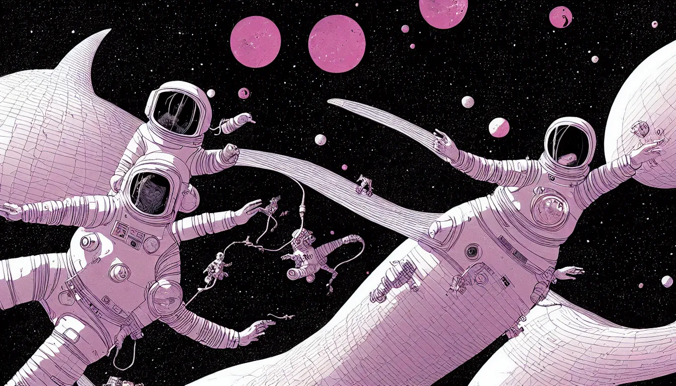 Image similar to hot woman in a space suit floating through space by nicolas delort, moebius, victo ngai, josan gonzalez, kilian eng