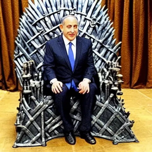 Image similar to “Benjamin Netanyahu sitting on the iron throne, 4k, award winning, realistic, scene from game of thrones”