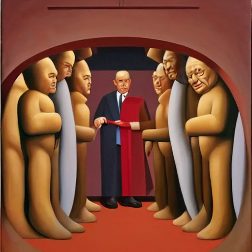 Image similar to oil painting by george tooker of a satirical presidential run