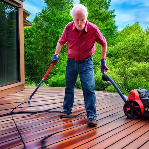 Prompt: john lithgow power washing his deck, ( sony a 7 r iv, symmetric balance, polarizing filter, photolab, lightroom, 4 k, dolby vision, photography awardm, voque, perfect face )