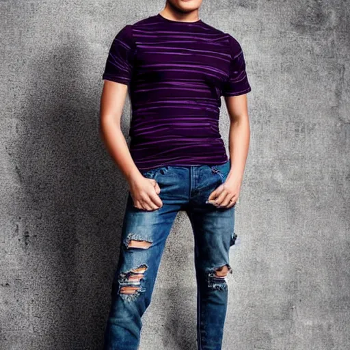 Image similar to professional digital art of a full-body view of a stylish young adult man with short hair wearing a black face mask, a striped long-sleeved shirt, and ripped jeans, high quality, HD, 8K, highly detailed, award-winning, dark purple clouds