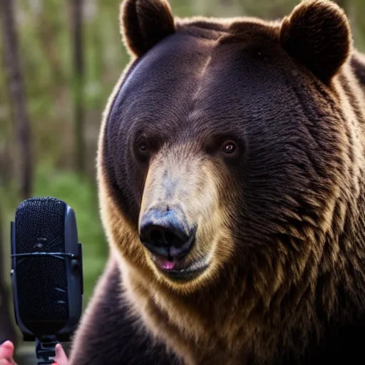 Image similar to a bear being interviewed on the Joe Rogan Experience podcast, professional photograph, 8k