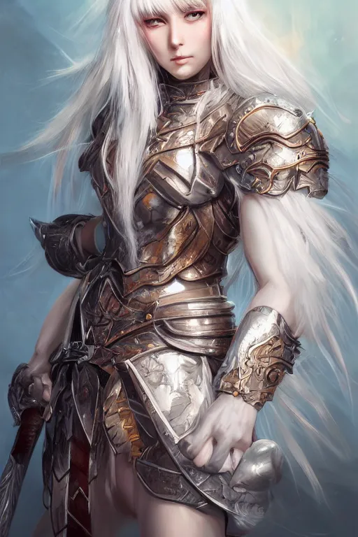 Image similar to A realistic anime portrait of a white haired female barbarian wearing an intricate armor, digital painting, by Stanley Artgerm Lau, Sakimichan, WLOP and Rossdraws, digtial painting, trending on ArtStation, SFW version