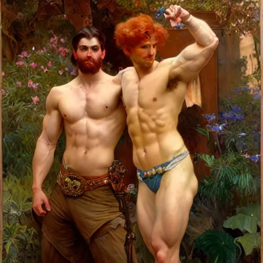 Prompt: attractive muscular mike with ginger hair with muscular attractive tyler with brunet hair, drinking their hearts out, in their noble mansion. highly detailed painting by gaston bussiere, craig mullins, j. c. leyendecker, alphonse mucha 8 k