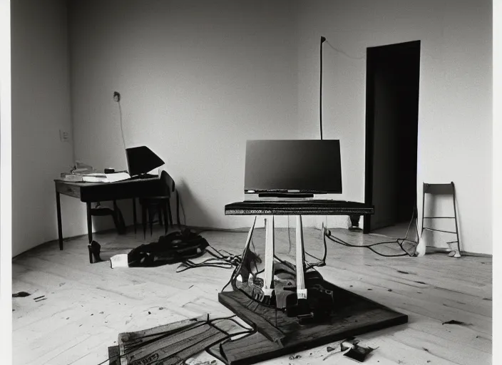 Image similar to realistic photo portrait of the a computer of wood, poorly designed in style of arte povera, fluxus, dadaism, joseph beuys, ugly made, levitating in the living room wooden walls 1 9 9 0, life magazine reportage photo