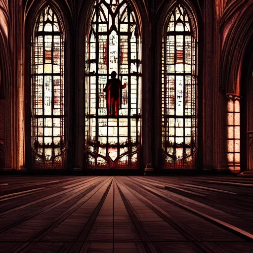 Prompt: Different angle from the left of a rusted android walking across a dimly lit gothic cathedral with red stained glass windows, cinematic, concept art, detailed, dark