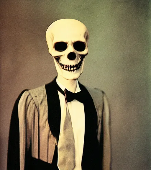 Prompt: portrait of a man in a suit with grim reaper head, vintage technicolor film photo, grainy, high detail, high resolution