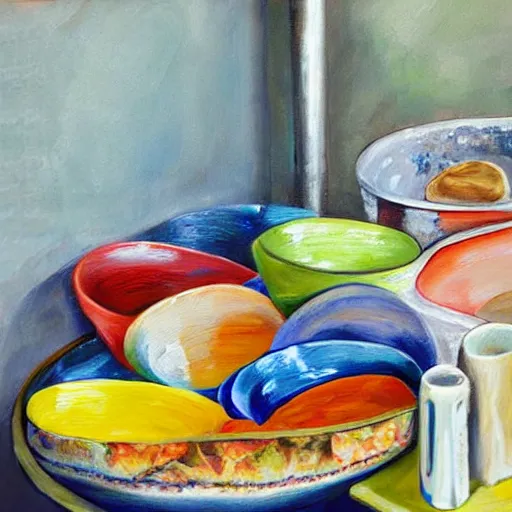 Prompt: realistic painting still of mountain pile of dirty plates bowls and glass cups overflowing kitchen sink, high detail