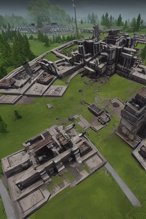 Image similar to building a base in valheim, brutalist architecture, in the style of the PC game Valheim