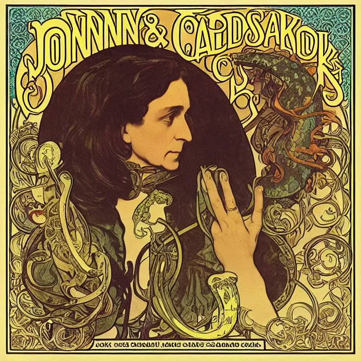 Prompt: album cover for the Johnny Cash and Snake Oil colab record. Snake oil, quackery, folk medicine, scamming, beautiful album cover with no text, artwork by Alphonse Mucha, snake oil