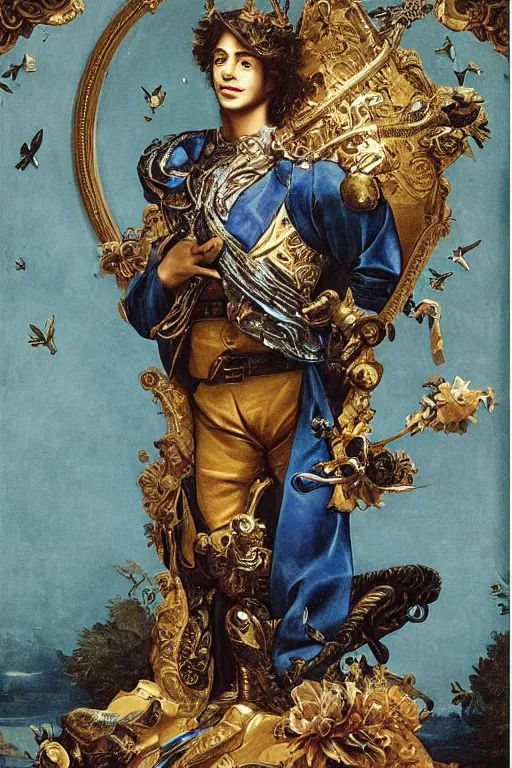 Image similar to a young handsome Spanish prince in a full-body bronze cyberpunk style statue of an android with glowing blue eyes with an open chest exposing a sparking motherboard chip, crown of peach roses, flowing teal-colored silk, fabric, flowers. baroque elements, human skull. full-length view. baroque element. intricate artwork by caravaggio. many many birds birds on background. Trending on artstation, octane render, cinematic lighting from the right, hyper realism, octane render, 8k, depth of field, 3D