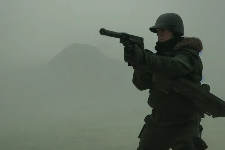 Image similar to still from bladerunner 2049 (2017) man wearing black tactical gear. mountain in background obscured by fog volumetric raining. green hill. Cyberpunk soldier holding rifle intimidating, reflective visor, emissive details. dark low exposure overcast skies.
