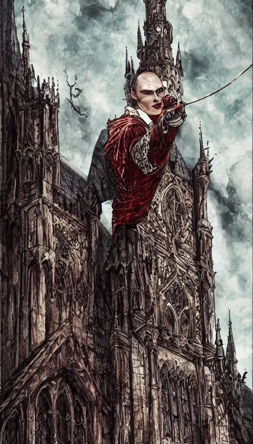 Prompt: Vampire Putin over a Medieval Gothic Castle, by Ayami Kojima, studio ghibli, cinematic lighting, intricate, highly detailed, digital painting, trending on artstation, Illustration, epic scale