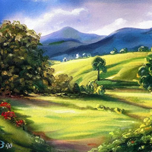 Prompt: landscape painting of the shire, bag - end, painting by bob ross