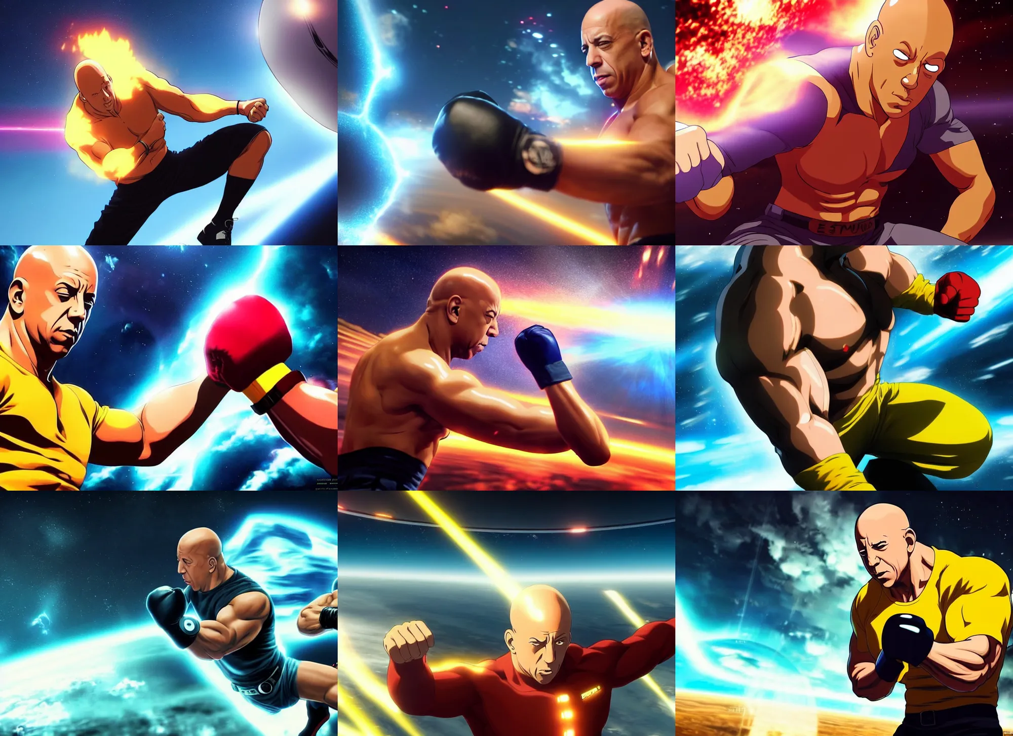 Prompt: extreme long shot vin diesel as saitama punching!!! a car!!!!!! into space, ultra realistic, lens flare, atmosphere, glow, detailed, intricate, full of colour, cinematic lighting, trending on artstation, 4 k, hyperrealistic, focused, extreme details, unreal engine 5, cinematic, masterpiece