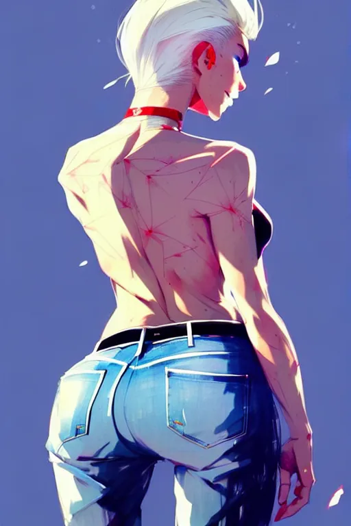 Image similar to a ultradetailed beautiful back painting of a stylish woman with white hair in a short pony tail, she is wearing jeans, by conrad roset, greg rutkowski and makoto shinkai trending on artstation