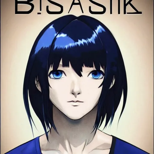 Image similar to « portrait, attractive, blue eyes, black hair, middle length hair, ghost in the shell, front view, kj, manga »