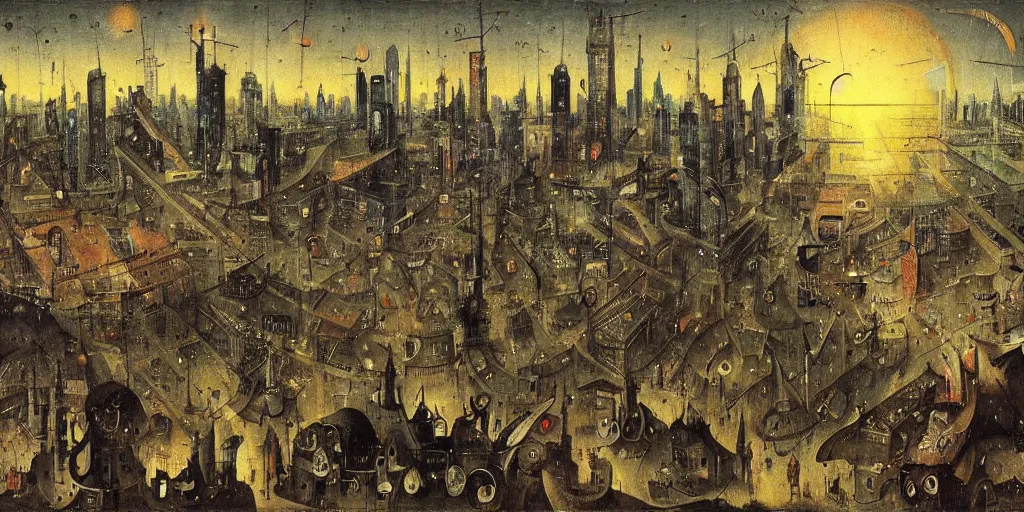 Image similar to view of a crowded cyberpunk city at night painted by hieronymus bosch, highly detailed, intricate, cyberpunk, colourful, night time, art by hieronymus bosch