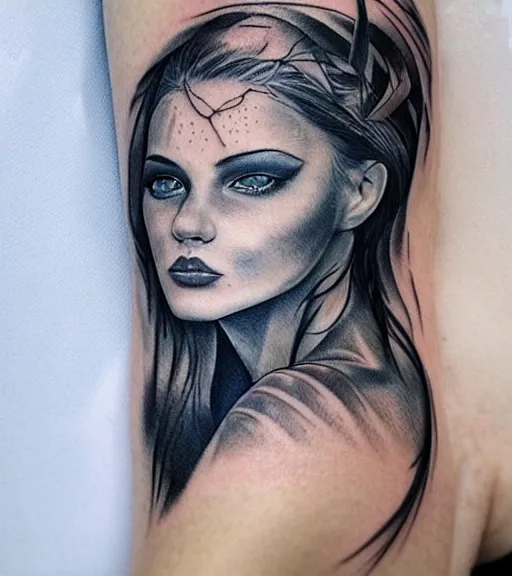Image similar to tattoo design sketch of a beautiful blue - eyed woman face with a faded background of beautiful mountains and nature on her side, hyper - realistic, in the style of den yakovlev, amazing detail, black and white