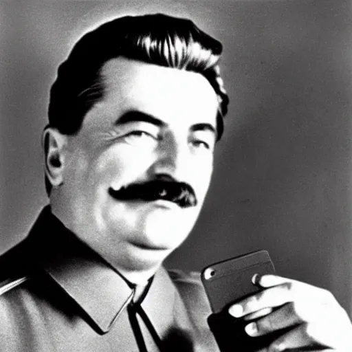 Image similar to Stalin holding an iPhone, studio photography, 1940