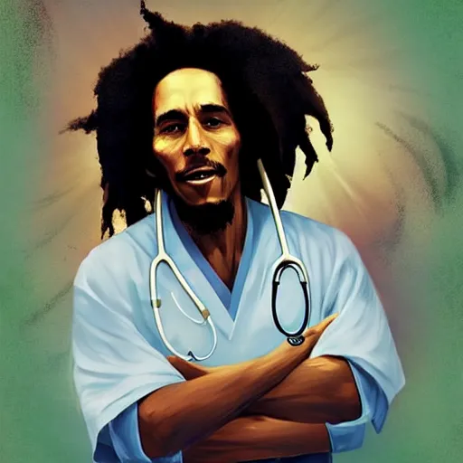 Prompt: bob marley in scrubs as a doctor, by greg rutkowski, great colors, trending on artstation