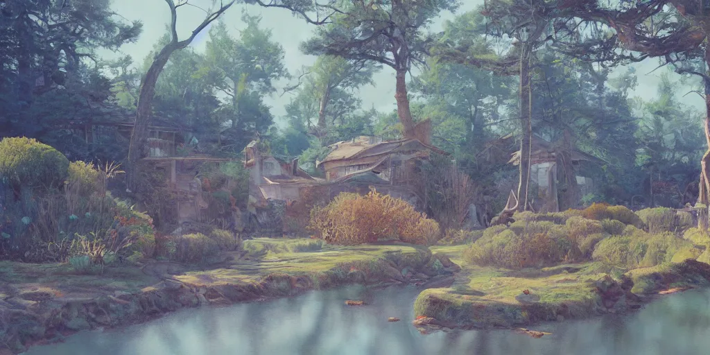 Prompt: landscape painting at noon by james jean and David Schnell painted with big brushstrokes, rendering, redshift, octane