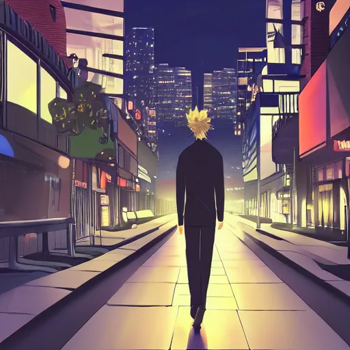 Image similar to a blonde man with a ponytail wearing black clothes wanders through a city at night, anime, 4k