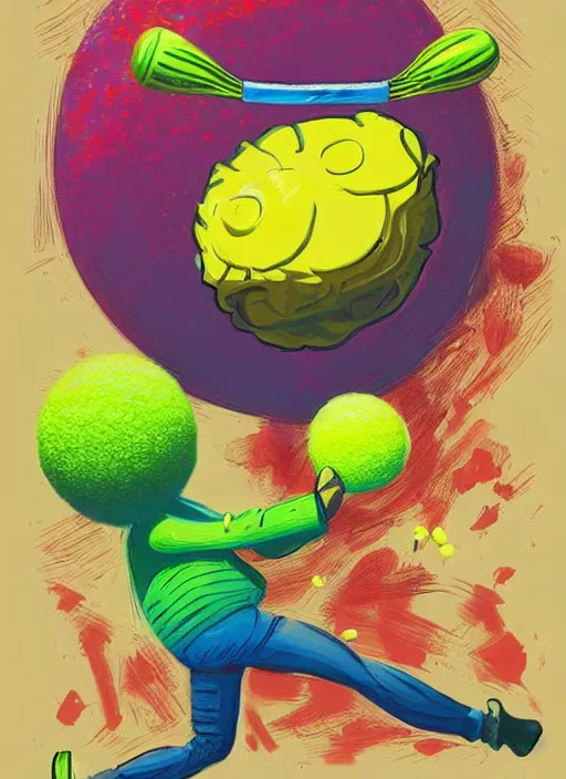 Prompt: good morning pancake and coffee monsters , a tennis ball monster ,tennis ball, colorful, digital art, fantasy, magic, trending on artstation, ultra detailed, professional illustration,chalk, poster artwork by Basil Gogos , clean