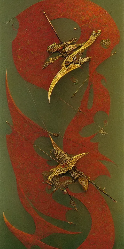 Image similar to a scimitar made from flower petals, elegant, copper and emerald inlay, brilliant, in the style of zdzisław beksinski