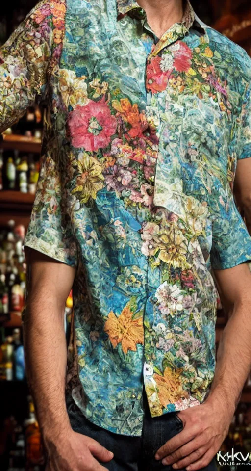 Image similar to close up of max payne floral shirt in a bar, sun shining, photo realistic illustration by greg rutkowski, thomas kindkade, alphonse mucha, loish, norman rockwell.