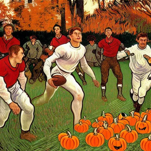 Prompt: painting of arkansas razorbacks playing football with pumpkins at the halloween! party, bubbling cauldron!, candles!, graveyard, gravestones, ghosts, smoke, autumn! colors, elegant, wearing suits!, clothes!, delicate facial features, art by alphonse mucha, vincent van gogh, egon schiele