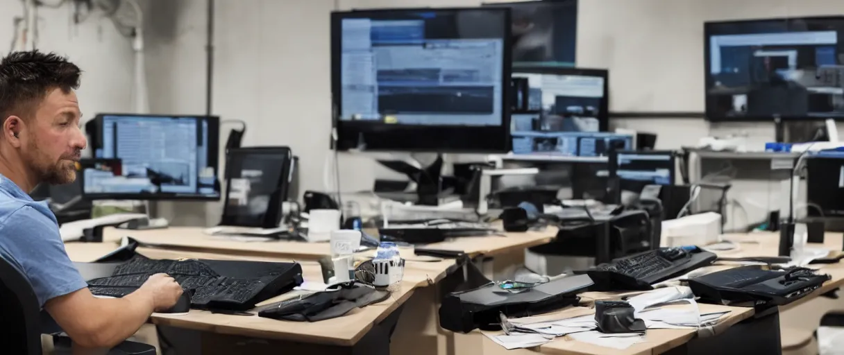 Image similar to a man at a desk with ten different computer monitors, his face flat on the keyboard, sound asleep