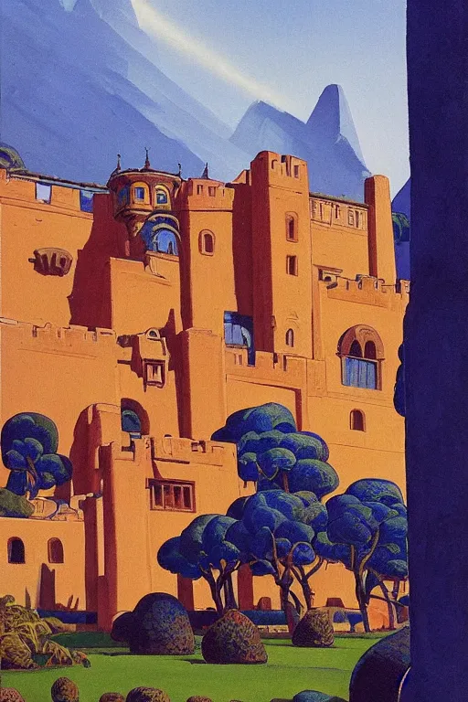 Image similar to view of the ancient blue tower in its gardens after a storm, tall windows, beautiful moorish ornament, dramatic cinematic lighting, rich colors, golden age illustration, by Sylvain Sarrailh and Nicholas Roerich and Ludwig Deutsch and April Gornik