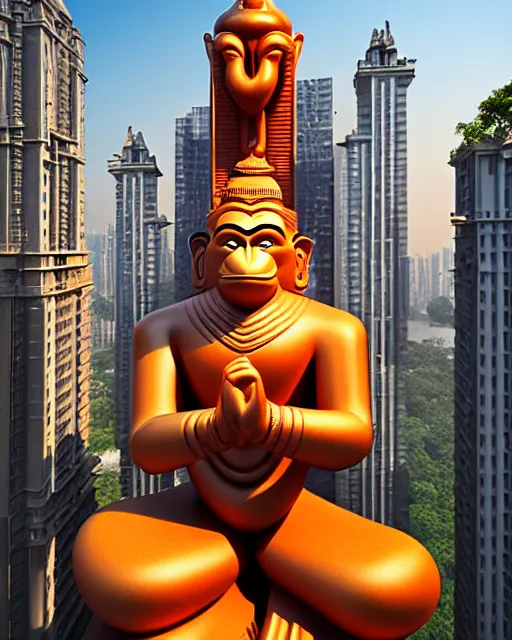 Image similar to high quality 3 d art deco biomorphic hanuman! head building in mumbai!! centre, highly detailed, cinematic smooth, berenice abbott & john j. park, dramatic warm morning light, wide shot, high angle, uhd 8 k, sharp focus