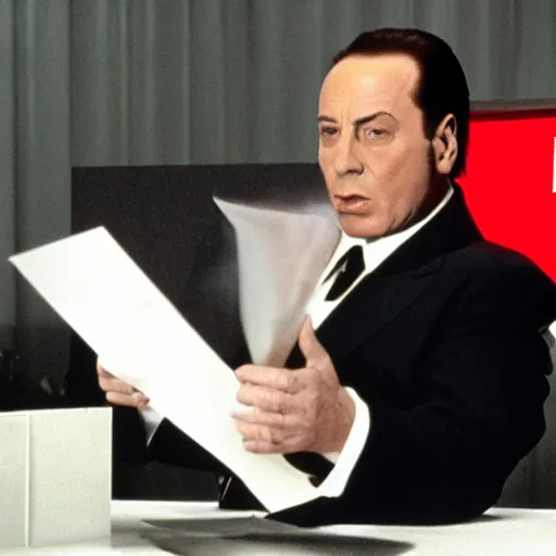 Prompt: Silvio Berlusconi in Pulp Fiction opening a red square featureless metallic box