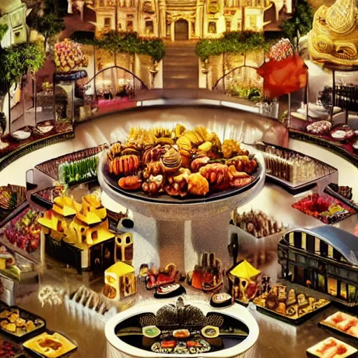 Image similar to dream city made of desserts, yummy food, exotic, cinematic lighting, by caravaggio