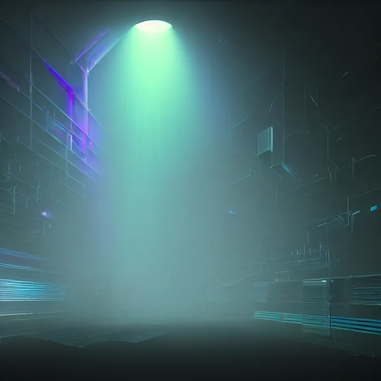 Prompt: an immaculate volumetric lighting octane redshift render of a large rack of beautiful iridescent device at che center of a in a vast modern datacenter, fog, god rays, and nixie tubes by Zdzisław Beksiński and beeple, beautiful modern colors, ultradetailed, 4k ultra