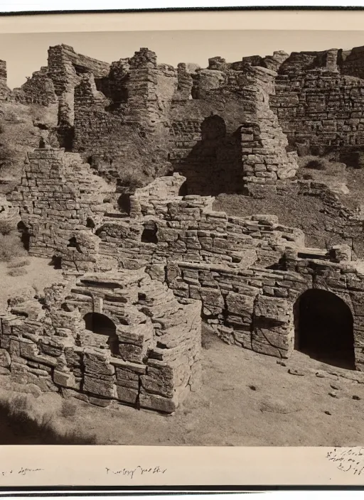 Prompt: Photograph of ancient pueblo ruins in a canyon, showing terraced gardens and lush desert vegetation in the foreground, albumen silver print by Timothy H. O'Sullivan.