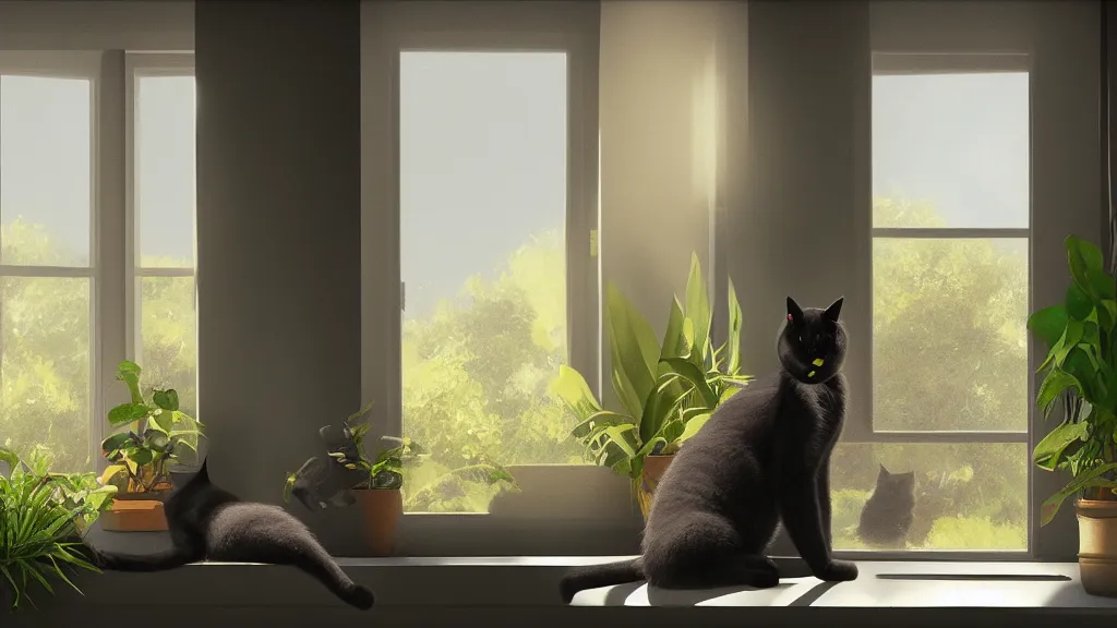Image similar to peaceful dreamy painting of a black cat and a tabby cat sitting by a window and looking outside, sunshine coming through the window, small plants on the window sill, 8k, hyper realism, trending on artstation, octane render