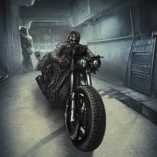 Prompt: a sci - fi biker fused with his bike, art by hr giger, dramatic, volumetric lights, octane rendering, trending on artstation, greeble