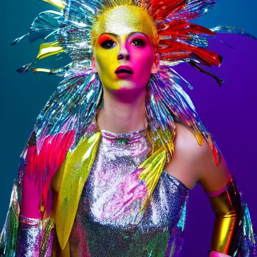 Prompt: jollyfish magazine cover photo, a woman wearing a dress made out of colorful dripping latex and a fancy intricate shiny reflective headdress made out of mirrors, standing in front of a detailed metallic backdrop made out of aluminum foil