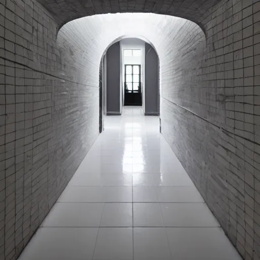 Image similar to an underground pool that leads into a curved hallway, all white ceramic tiles, dark lighting, surreal, liminal space,