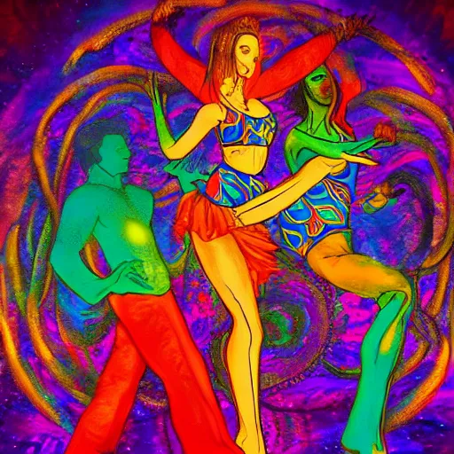 Prompt: tantric trio dancing in a trip, two men and a girl, psychodelic art, trending on artstation, artstationHD