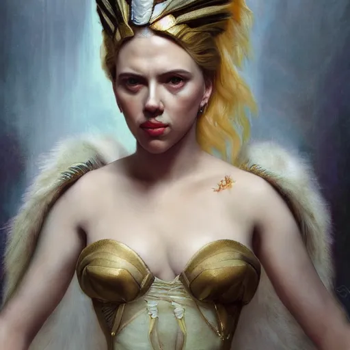 Image similar to the portrait of scarlett johansson as amazon in intricate dress by roberto ferri, fantasy, witcher, very detailed oil painting, masterpiece, 8 k