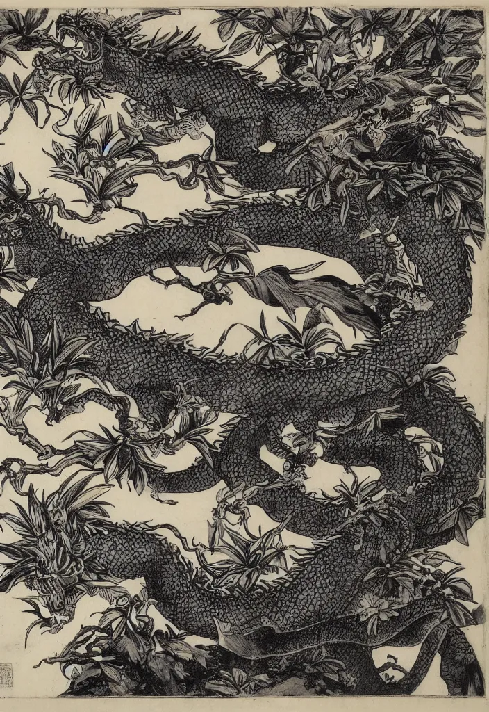 Image similar to vintage chinese dragon in a tropical forest, john james audubon, intaglio, 8 k resolution