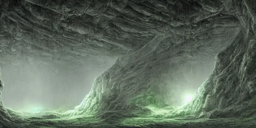 Prompt: a highly detailed matte painting of a mummy of a gray alien in an h. r. giger cavern filled with glowing green mist, ominous, foreboding, dark, trending on artstation,