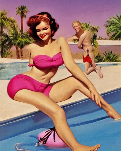 Image similar to tuesday weld swimming in a pink bikini, tuesday weld half immersed in water in a palm springs midcentury swimming pool by gil elvgren, by mort kunstler, by robert maguire