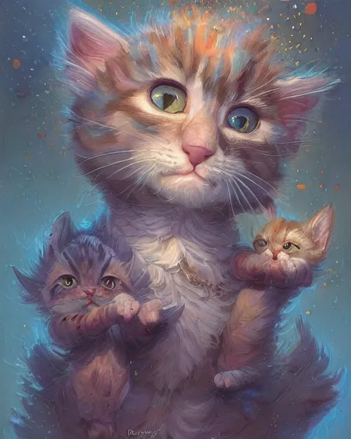 Image similar to an adorable kitten learning magic | highly detailed | very intricate | symmetrical | fantasy and whimsical and magical | soft cinematic lighting | disney pixar | award - winning | painted by donato giancola and paul lehr and ross tran | pastel color palette | featured on artstation