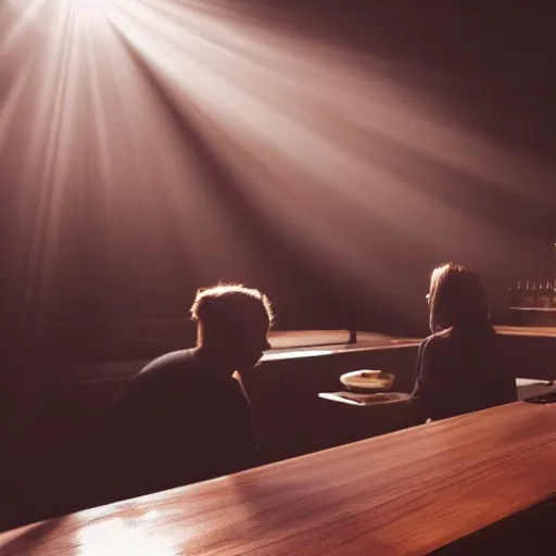 Image similar to a still of jesus sitting down on a stool at the bar, last call. it's dark and smoky. god rays through fog.